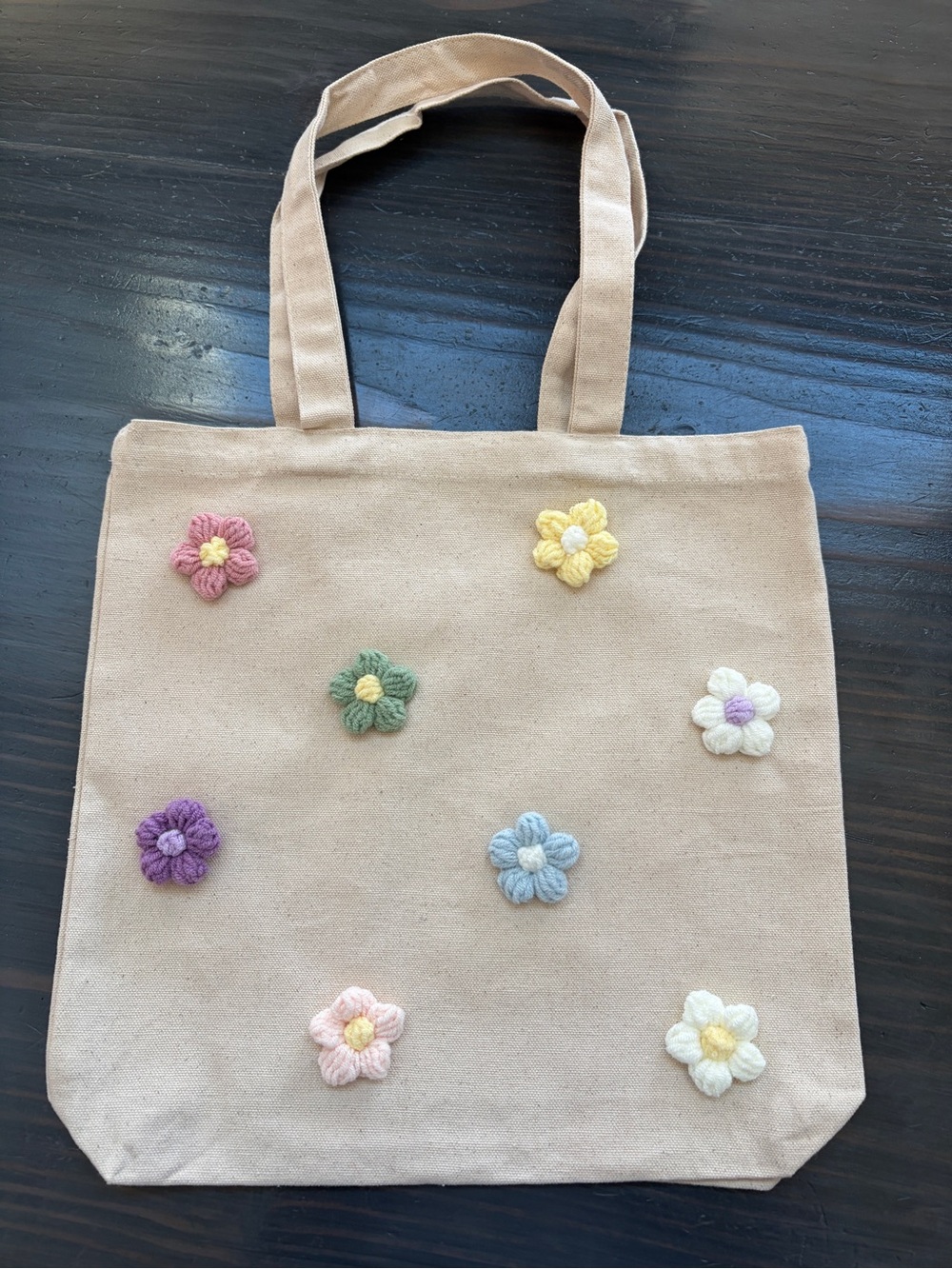 Tote Bag with Pastel Crochet Flowers